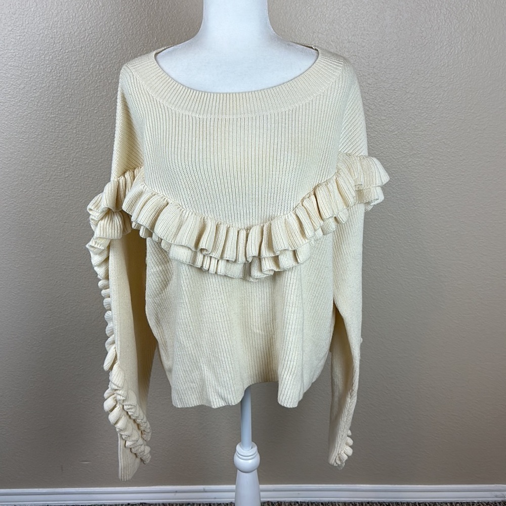 FRAME Ruffle Dolman Yoke Bateau Neck Off Merino Wool Blend White Sweater - Picture 5 of 9